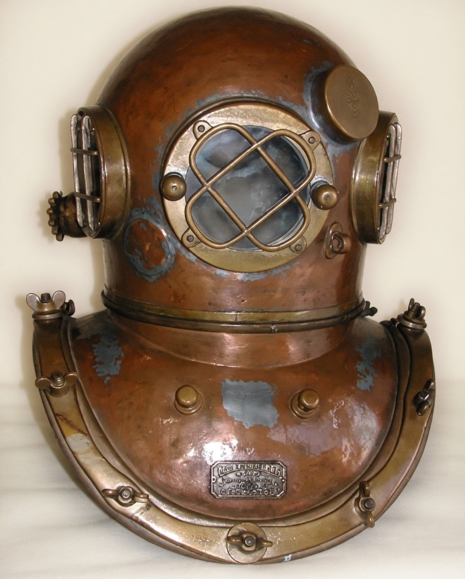 Antique copper and brass diving helmet