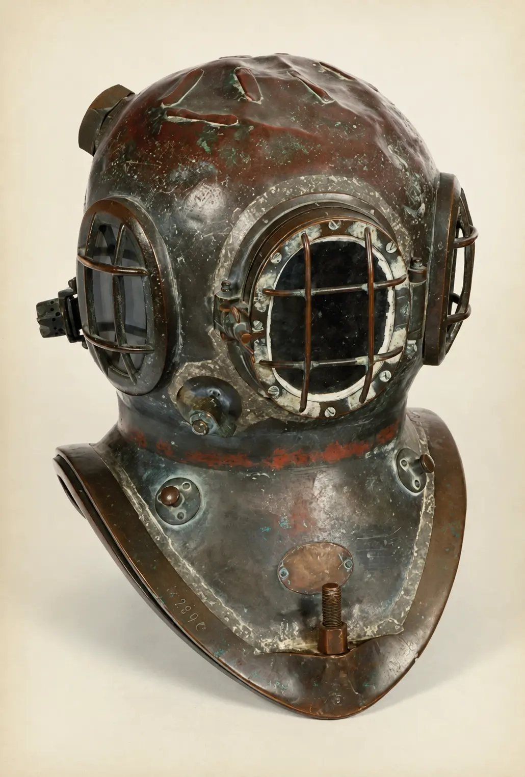 Vintage brass diving helmet with side valves